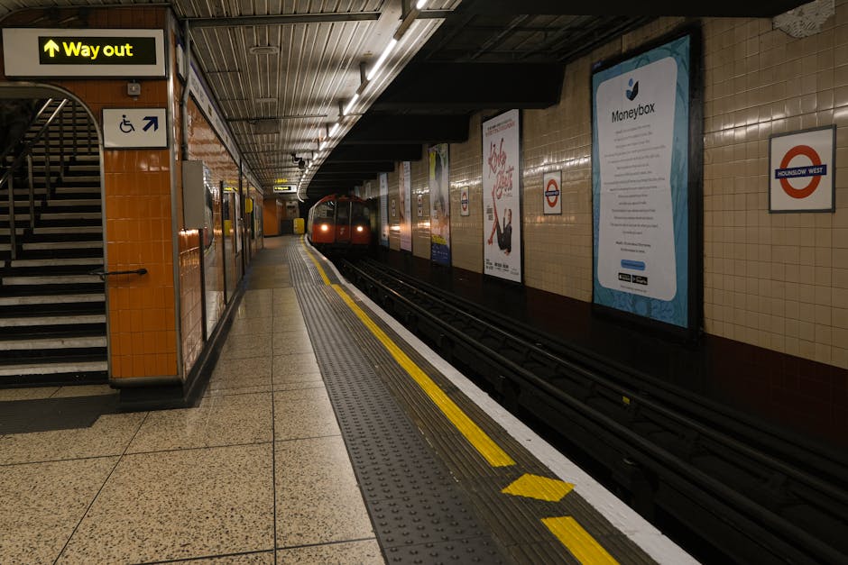An underground station platform illuminated by bright lighting, featuring a train approaching in the distance with doors visible, beige tiled walls adorned with advertisements and signs including a bl